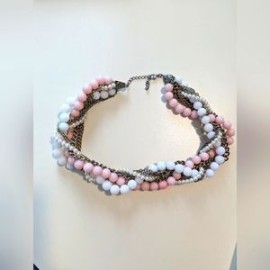 Gorgeous Vintage Multi Strand Chain and Pink White Milk Glass Beaded Necklace